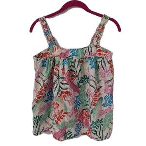 Cynthia Rowley Tropical Top Smocked Straps Oversized XS 100% Linen Button Back